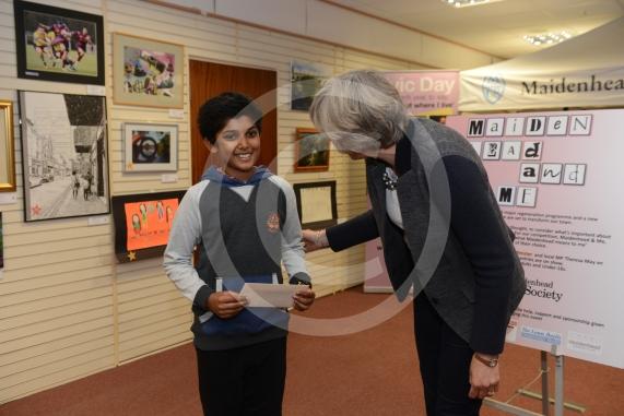 Dhruv Nair 10 -2nd prize. Maidenhead and Me presentation &ndash; Prime Minister Theresa May awarding the prizes and pix of people looking at the exhibition etc. Unit 26 Nicholsons Centre,Maidenhead                         