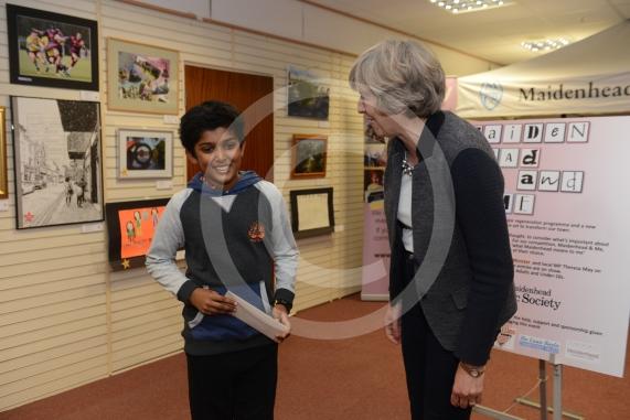 Dhruv Nair 10 -2nd prize. Maidenhead and Me presentation &ndash; Prime Minister Theresa May awarding the prizes and pix of people looking at the exhibition etc. Unit 26 Nicholsons Centre,Maidenhead                         