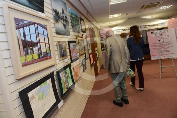 Maidenhead and Me presentation &ndash; Prime Minister Theresa May awarding the prizes and pix of people looking at the exhibition etc. Unit 26 Nicholsons Centre,Maidenhead                         
