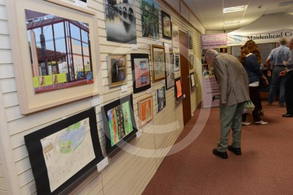 Maidenhead and Me presentation &ndash; Prime Minister Theresa May awarding the prizes and pix of people looking at the exhibition etc. Unit 26 Nicholsons Centre,Maidenhead                         