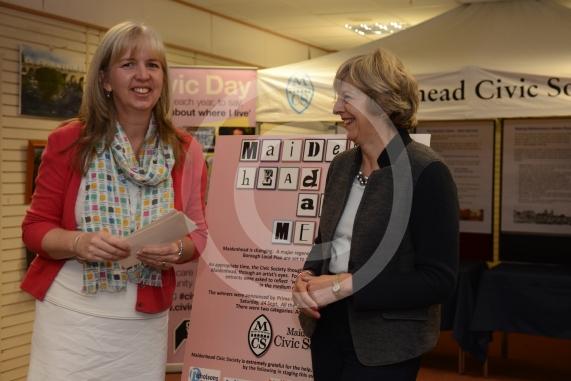 Maidenhead and Me presentation &ndash; Prime Minister Theresa May awarding the prizes and pix of people looking at the exhibition etc. Unit 26 Nicholsons Centre,Maidenhead                         