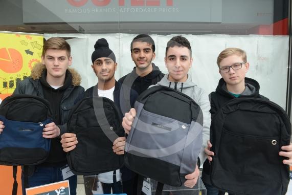LtoR Drilon Muneka, 16, Aarandeep Sandhu, 16, Mohit Kumar, 17, Adam Toubal, 16, Michal Ignas, 16. Langley Academy. Young Enterprise stands.Queensmere Observatory Shopping Centre,Slough. 
