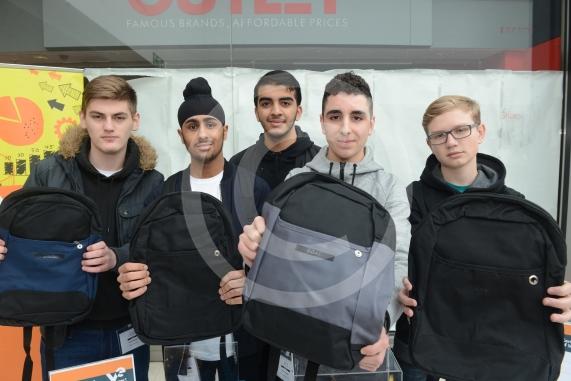 LtoR Drilon Muneka, 16, Aarandeep Sandhu, 16, Mohit Kumar, 17, Adam Toubal, 16, Michal Ignas, 16. Langley Academy. Young Enterprise stands.Queensmere Observatory Shopping Centre,Slough. 