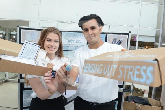 LtoR Georgia Wedgbury, 17, Sayan Gogia, 16. Burnham Grammar School.Young Enterprise stands.Queensmere Observatory Shopping Centre,Slough. 
