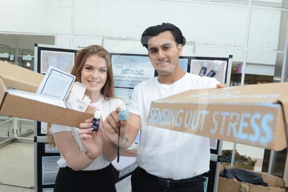 LtoR Georgia Wedgbury, 17, Sayan Gogia, 16. Burnham Grammar School.Young Enterprise stands.Queensmere Observatory Shopping Centre,Slough. 