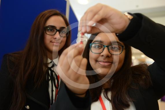 LtoR Eesha Khokhar, 16, Shaswati Hossain, 16. Herschel Grammar School. Young Enterprise stands.Queensmere Observatory Shopping Centre,Slough. 