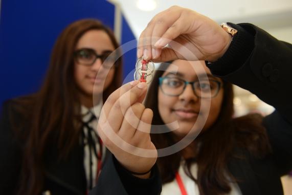 LtoR Eesha Khokhar, 16, Shaswati Hossain, 16. Herschel Grammar School. Young Enterprise stands.Queensmere Observatory Shopping Centre,Slough. 