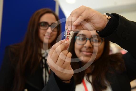 LtoR Eesha Khokhar, 16, Shaswati Hossain, 16. Herschel Grammar School. Young Enterprise stands.Queensmere Observatory Shopping Centre,Slough. 
