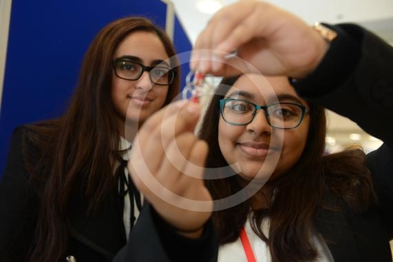 LtoR Eesha Khokhar, 16, Shaswati Hossain, 16. Herschel Grammar School. Young Enterprise stands.Queensmere Observatory Shopping Centre,Slough. 