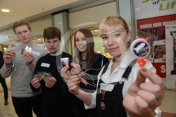 LtoR Alex McDougle, 16, Matthew Davies, 16, Daisy Beever, 16, Lily Parmer-Moore, 17. Claries Court. Young Enterprise stands.Queensmere Observatory Shopping Centre,Slough. 