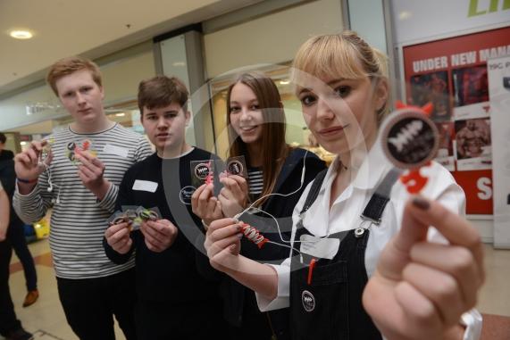 LtoR Alex McDougle, 16, Matthew Davies, 16, Daisy Beever, 16, Lily Parmer-Moore, 17. Claries Court. Young Enterprise stands.Queensmere Observatory Shopping Centre,Slough. 
