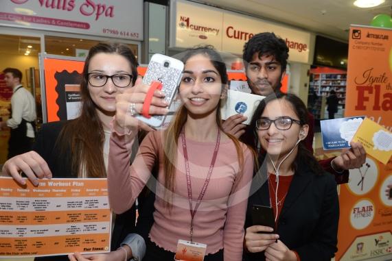 LtoR Maja Dobrowoiska, 17, Ravieen Bajwa, 16, Dhirvesh Budhan, 16, Madeeha Khan, 16. Upton Court Grammar School Young Enterprise stands.Queensmere Observatory Shopping Centre,Slough. 