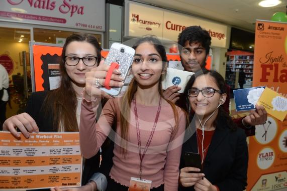 LtoR Maja Dobrowoiska, 17, Ravieen Bajwa, 16, Dhirvesh Budhan, 16, Madeeha Khan, 16. Upton Court Grammar School Young Enterprise stands.Queensmere Observatory Shopping Centre,Slough. 