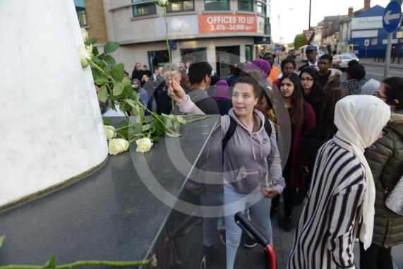 Slough High Street, Slough. A vigil in memory of the people who lost their lives in last night’s Manchester attack.