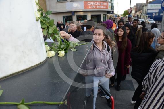Slough High Street, Slough. A vigil in memory of the people who lost their lives in last night’s Manchester attack.