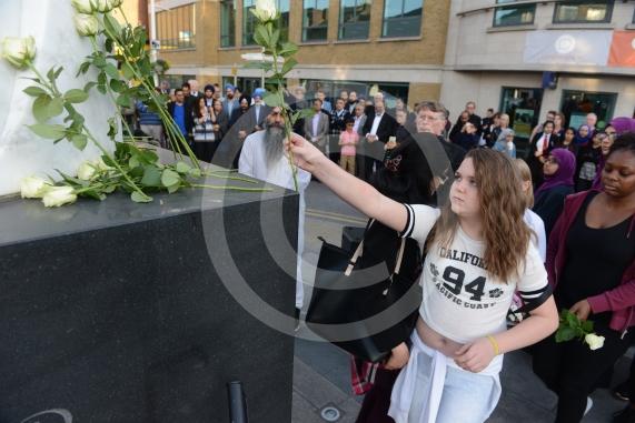 Slough High Street, Slough. A vigil in memory of the people who lost their lives in last night’s Manchester attack.