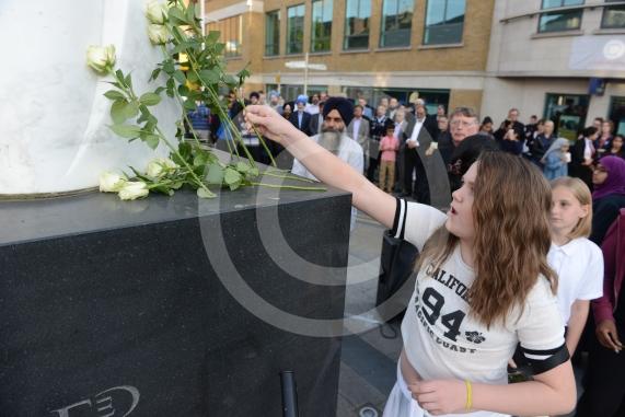 Slough High Street, Slough. A vigil in memory of the people who lost their lives in last night’s Manchester attack.