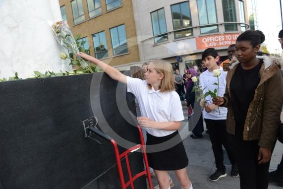 Slough High Street, Slough. A vigil in memory of the people who lost their lives in last night’s Manchester attack.