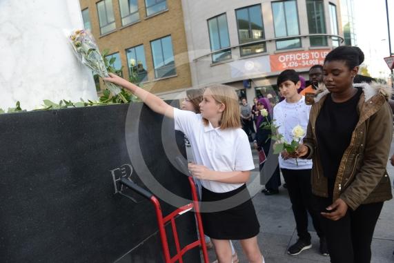 Slough High Street, Slough. A vigil in memory of the people who lost their lives in last night’s Manchester attack.