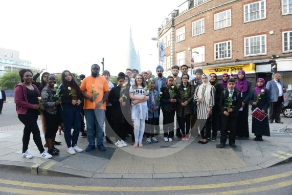 Slough High Street, Slough. A vigil in memory of the people who lost their lives in last night’s Manchester attack.