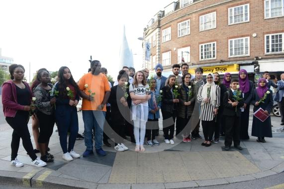 Slough High Street, Slough. A vigil in memory of the people who lost their lives in last night’s Manchester attack.