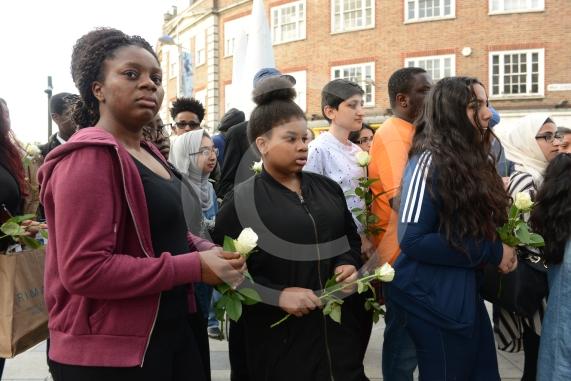 Slough High Street, Slough. A vigil in memory of the people who lost their lives in last night’s Manchester attack.