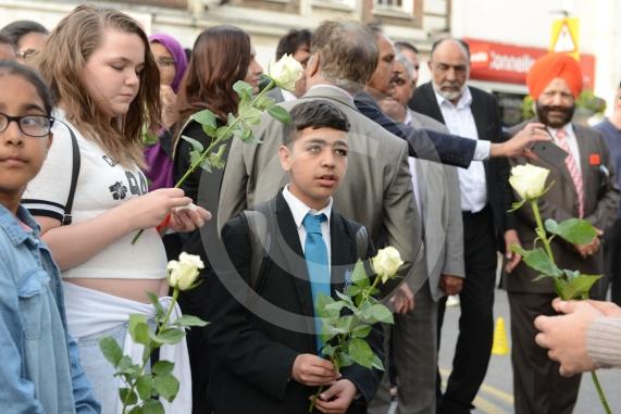 Slough High Street, Slough. A vigil in memory of the people who lost their lives in last night’s Manchester attack.