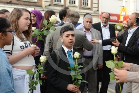 Slough High Street, Slough. A vigil in memory of the people who lost their lives in last night’s Manchester attack.