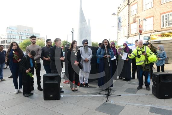 Slough High Street, Slough. A vigil in memory of the people who lost their lives in last night’s Manchester attack.