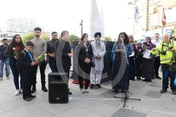 Slough High Street, Slough. A vigil in memory of the people who lost their lives in last night’s Manchester attack.