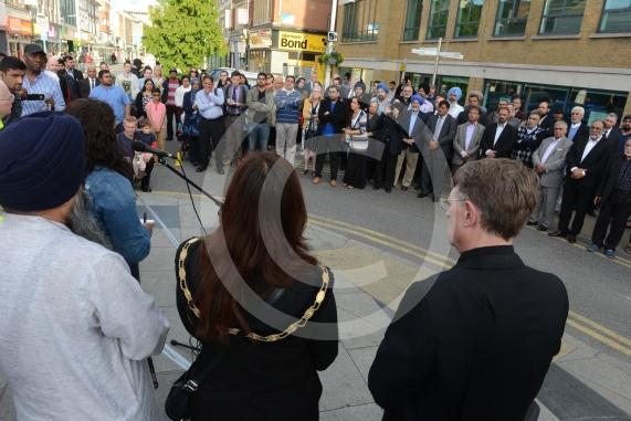 Slough High Street, Slough. A vigil in memory of the people who lost their lives in last night’s Manchester attack.