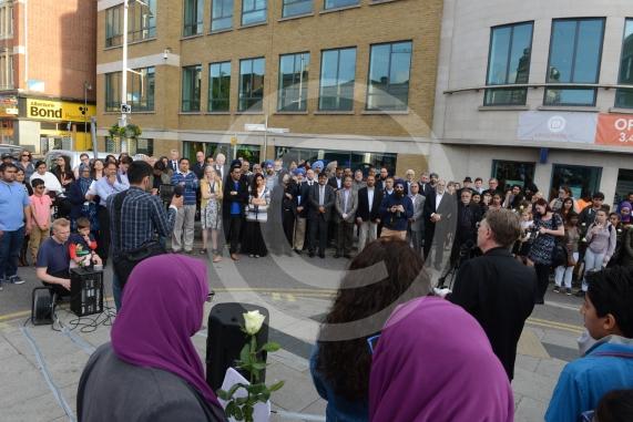 Slough High Street, Slough. A vigil in memory of the people who lost their lives in last night’s Manchester attack.