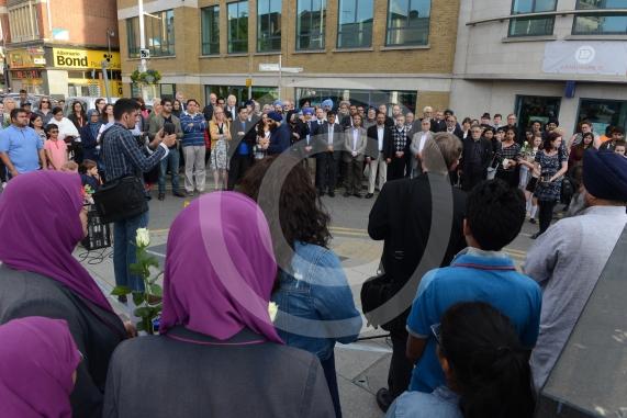 Slough High Street, Slough. A vigil in memory of the people who lost their lives in last night’s Manchester attack.