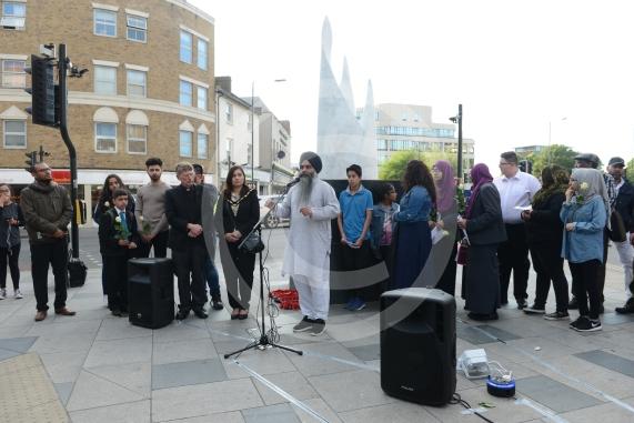 Slough High Street, Slough. A vigil in memory of the people who lost their lives in last night’s Manchester attack.