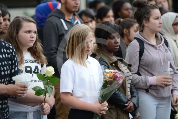 Slough High Street, Slough. A vigil in memory of the people who lost their lives in last night’s Manchester attack.