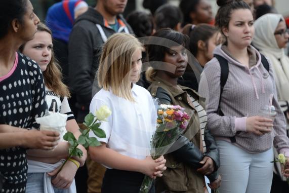 Slough High Street, Slough. A vigil in memory of the people who lost their lives in last night’s Manchester attack.