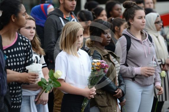 Slough High Street, Slough. A vigil in memory of the people who lost their lives in last night’s Manchester attack.