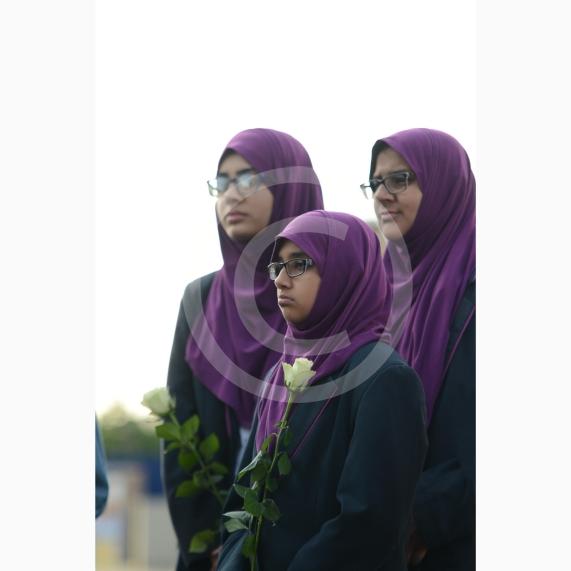 L-R Aish Tahir 14, Munaima Tafhimi 12, Sumayya Tafhimi 14 from Eden Girls' School. Slough High Street, Slough. A vigil in memory of the people who lost their lives in last night’s Manchester attack.