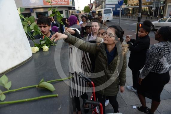 Slough High Street, Slough. A vigil in memory of the people who lost their lives in last night’s Manchester attack.