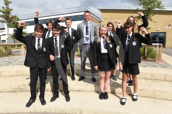 Great Marlow School was rated Good in its latest Ofsted. Headteacher Kevin Ford & pupils celebrating. Great Marlow School, Bobmore Lane, Marlow. 