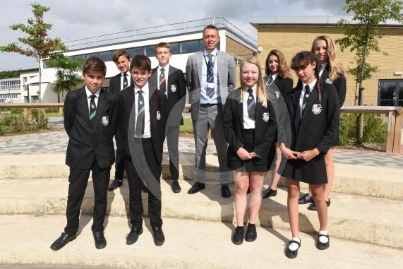 Great Marlow School was rated Good in its latest Ofsted. Headteacher Kevin Ford & pupils celebrating. Great Marlow School, Bobmore Lane, Marlow. 