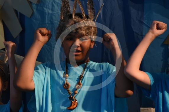 Cippenham Primary School, Elmshott Lane, Cippenham. Year six pupils at Cippenham Primary School are running through their dress rehearsal for this year’s play ‘The Peace Child’ which tells the story of two warring tribes separated by a raging river in the vibrant land of Mambika.