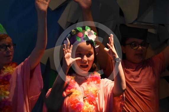 Cippenham Primary School, Elmshott Lane, Cippenham. Year six pupils at Cippenham Primary School are running through their dress rehearsal for this year’s play ‘The Peace Child’ which tells the story of two warring tribes separated by a raging river in the vibrant land of Mambika.