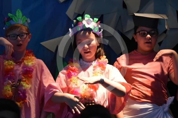 Cippenham Primary School, Elmshott Lane, Cippenham. Year six pupils at Cippenham Primary School are running through their dress rehearsal for this year’s play ‘The Peace Child’ which tells the story of two warring tribes separated by a raging river in the vibrant land of Mambika.