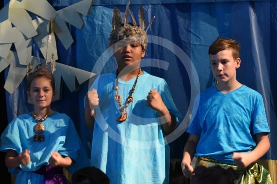 Cippenham Primary School, Elmshott Lane, Cippenham. Year six pupils at Cippenham Primary School are running through their dress rehearsal for this year’s play ‘The Peace Child’ which tells the story of two warring tribes separated by a raging river in the vibrant land of Mambika.