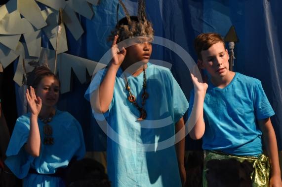 Cippenham Primary School, Elmshott Lane, Cippenham. Year six pupils at Cippenham Primary School are running through their dress rehearsal for this year’s play ‘The Peace Child’ which tells the story of two warring tribes separated by a raging river in the vibrant land of Mambika.