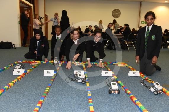 CA Technologies, Ditton Park, Riding Court Road, Datchet. LEGO MINSTORMS event- 60 female year 7 students working in small teams to build a LEGO robot before programming it and racing them. Robot race grand final 