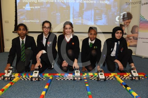 CA Technologies, Ditton Park, Riding Court Road, Datchet. LEGO MINSTORMS event- 60 female year 7 students working in small teams to build a LEGO robot before programming it and racing them. Robot race grand final. L-R Sanjana Prayag 13, Alizeh Noon 13, Jordan Robinson 12, Lucy Hopkins 13, Zahra Minhas 12. 