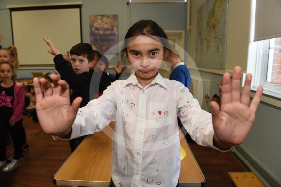 Cippenham Primary School, Elmshott Lane, Cippenham. Children are wearing items of clothing with a number or mathematical symbol on to raise money for the NSPCC as part of the the charity&rsquo;s &lsquo;Number Day&rsquo; campaign. Ruth Burbridge 10