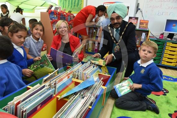 Cippenham Inftnat School, Dennis Way, Slough The Mayor of Slough Cllr Paul Sohal will be opening a newly refurbished library at the school. L-R Zara Hussain 6, Iasha Badhwal 6, Co-head Stephanie Holding, Mayor of Slough Cllr Paul Sohal, Kaiden Carlen 6. 